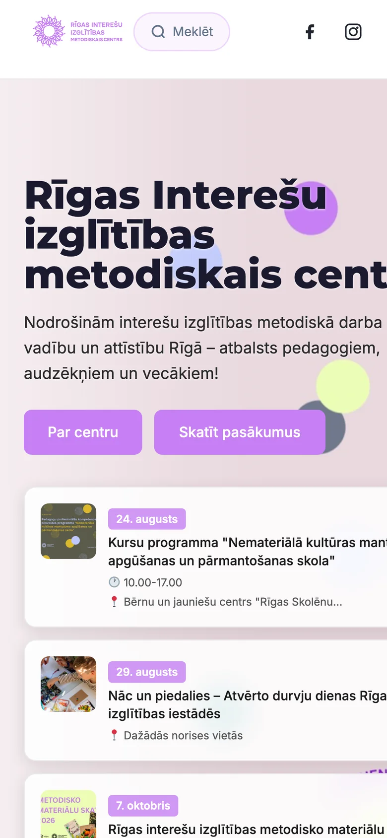 Riga Interest Education Methodological Centre website on mobile